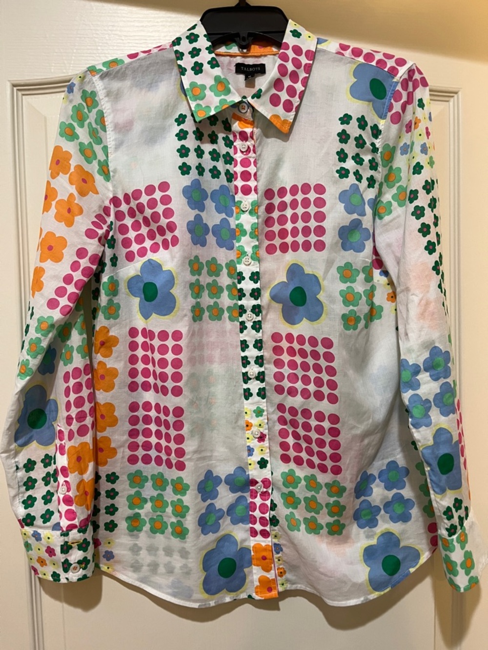 Talbots Retro Floral Dot Button-Down Shirt - White with Pink, Blue & Green